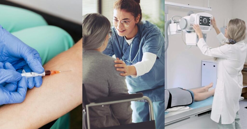 Healthcare training courses compared: a phlebotomy technician drawing blood, a CNA helping a patient, and an LLRT technician positioning a patient for an X-ray
